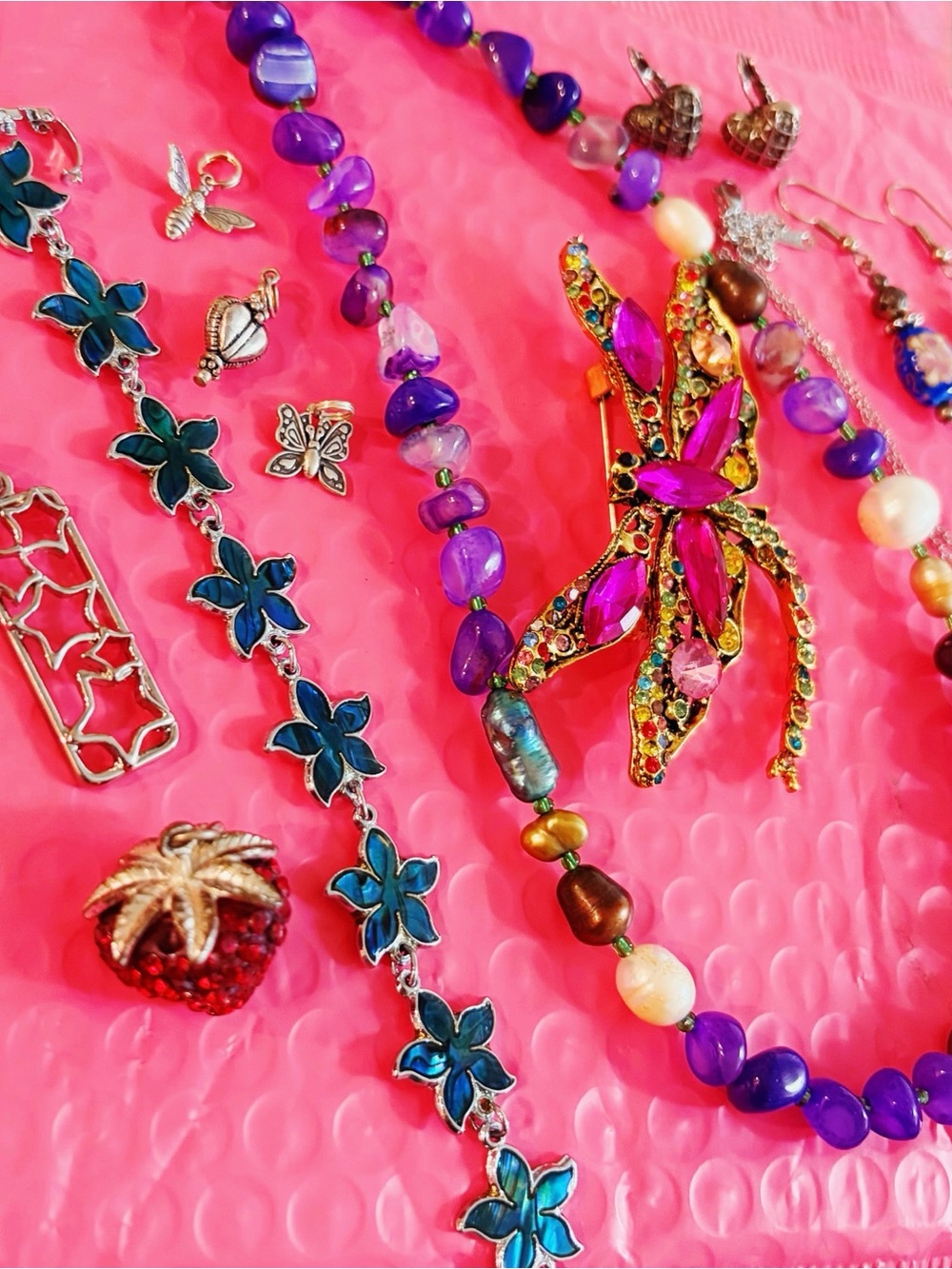 Vibrant Purple Beaded and Pearl with Pink Crystal Dragonfly Brooch